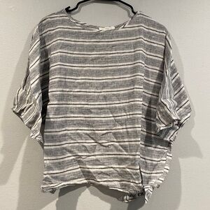 Gray and White Striped Linen Short Sleeve Shirt-beachlunchlounge-Size XS
